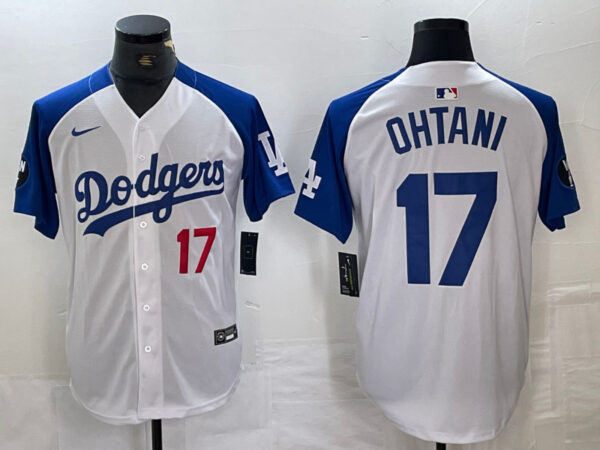 Men's Los Angeles Dodgers #17 Shohei Ohtani White Blue Vin Patch Cool Base Stitched Baseball Jersey