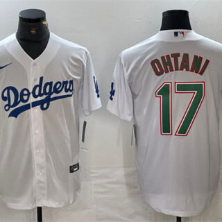 Men's Los Angeles Dodgers #17 Shohei Ohtani White Green Cool Base Stitched Baseball Jersey