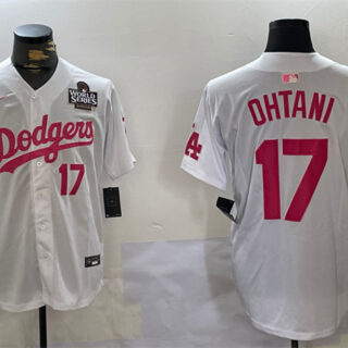 Men's Los Angeles Dodgers #17 Shohei Ohtani White Pink 2024 World Series Vin & Kobe Patch Limited Stitched Baseball Jersey
