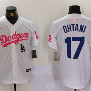 Men's Los Angeles Dodgers #17 Shohei Ohtani White Pink Vin & Kobe Patch Stitched Baseball Jerseys