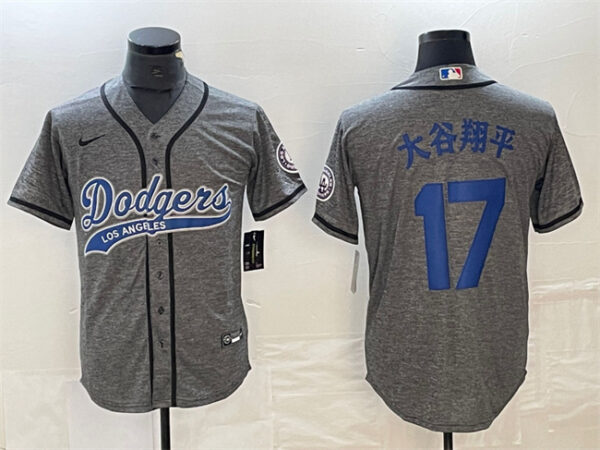Men's Los Angeles Dodgers #17 u5927u8c37u7fd4u5e73 Grey Cool Base With Patch Stitched Baseball Jersey
