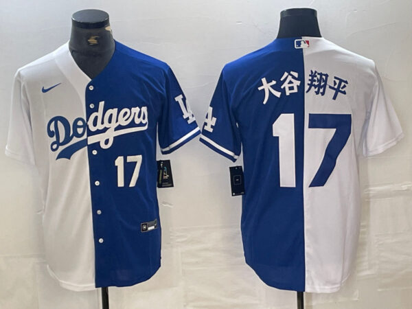 Men's Los Angeles Dodgers #17 大谷翔平 White Blue Split Cool Base Stitched Baseball Jersey