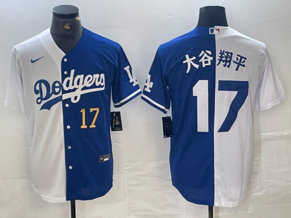 Men's Los Angeles Dodgers #17 大谷翔平 White Blue Split Cool Base Stitched Baseball Jersey