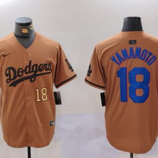 Men's Los Angeles Dodgers #18 Yoshinobu Yamamoto Brown Cool Base Stitched Baseball Jerseys