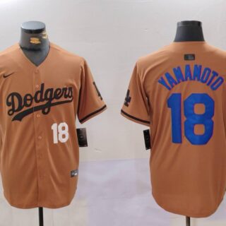 Men's Los Angeles Dodgers #18 Yoshinobu Yamamoto Brown Cool Base Stitched Baseball Jerseys