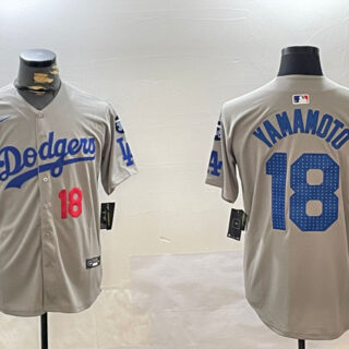 Men's Los Angeles Dodgers #18 Yoshinobu Yamamoto Grey 2024 World Series With Fernando Memorial Patch Limited Stitched Baseball Jersey