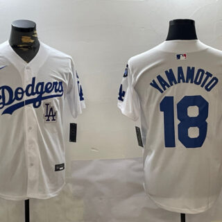 Men's Los Angeles Dodgers #18 Yoshinobu Yamamoto White 2024 World Series With Fernando Memorial Patch Home Limited Stitched Baseball Jerseys