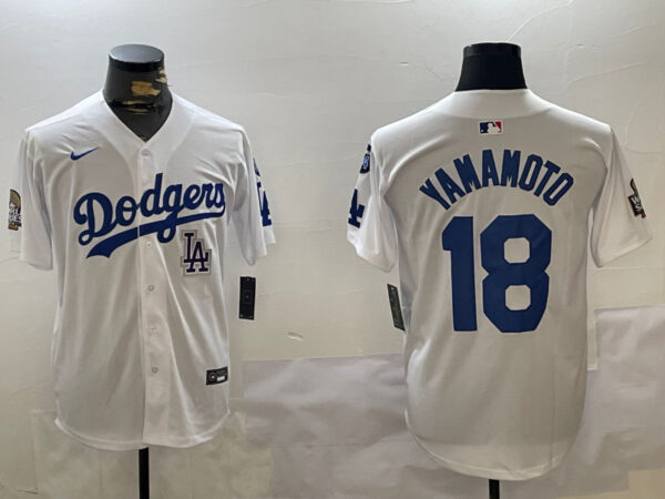 Men's Los Angeles Dodgers #18 Yoshinobu Yamamoto White 2024 World Series With Fernando Memorial Patch Home Limited Stitched Baseball Jerseys