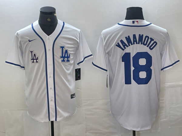 Men's Los Angeles Dodgers #18 Yoshinobu Yamamoto White Cool Base Stitched Baseball Jersey