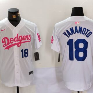 Men's Los Angeles Dodgers #18 Yoshinobu Yamamoto White Pink Vin & Kobe Patch Stitched Baseball Jerseys