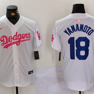 Men's Los Angeles Dodgers #18 Yoshinobu Yamamoto White Pink Vin & Kobe Patch Stitched Baseball Jerseys