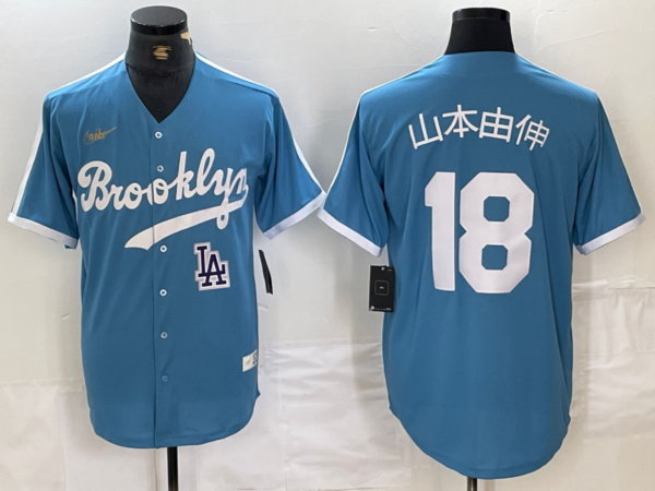 Men's Los Angeles Dodgers #18 山本由伸  Yoshinobu Light Blue Throwback Cool Base Stitched Baseball Jerseys