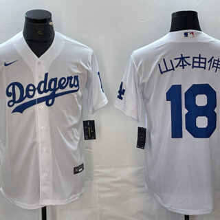 Men's Los Angeles Dodgers #18 u5c71u672cu7531u4f38 White Cool Base With Patch Stitched Baseball Jersey