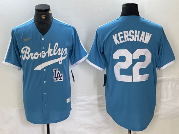 Men's Los Angeles Dodgers #22 Clayton Kershaw Light Blue Throwback Cool Base Stitched Baseball Jerseys