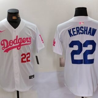 Men's Los Angeles Dodgers #22 Clayton Kershaw White Pink Vin & Kobe Patch Stitched Baseball Jerseys