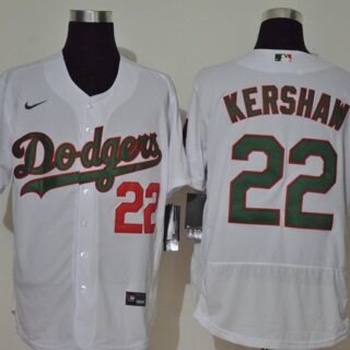 Men's Los Angeles Dodgers #22 Clayton Kershaw White With Green Name Stitched MLB Flex Base Nike Jersey
