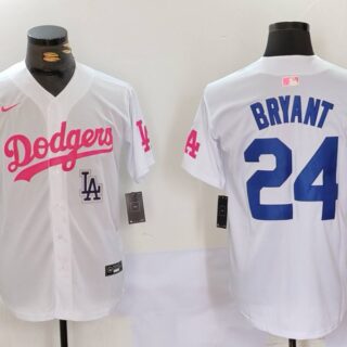 Men's Los Angeles Dodgers #24 Kobe Bryant White Pink Vin & Kobe Patch Stitched Baseball Jerseys