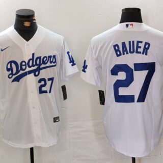 Men's Los Angeles Dodgers #27 Trevor Bauer White Stitched Baseball Jersey