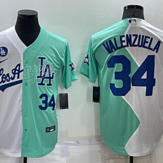 Men's Los Angeles Dodgers #34 Fernando Valenzuela 2022 All-Star White Green Cool Base Stitched Baseball Jersey