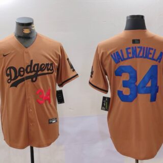 Men's Los Angeles Dodgers #34 Fernando Valenzuela Brown Cool Base Stitched Baseball Jerseys