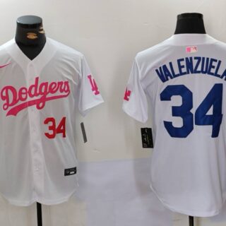 Men's Los Angeles Dodgers #34 Fernando Valenzuela White Pink Vin & Kobe Patch Stitched Baseball Jerseys