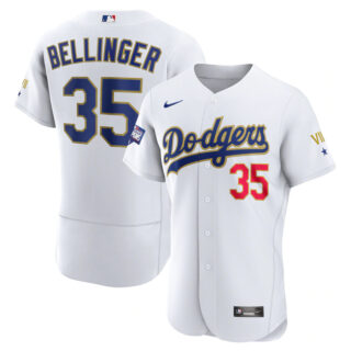 Men's Los Angeles Dodgers #35 Cody Bellinger Nike White Gold 2021 Gold Program Flexbase Jersey