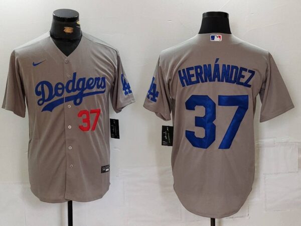 Men's Los Angeles Dodgers #37 Teoscar Hernandez Grey Cool Base Stitched Baseball Jerseys