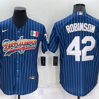 Men's Los Angeles Dodgers #42 Jackie Robinson Navy Mexico Rainbow Cool Base Stitched Baseball Jersey