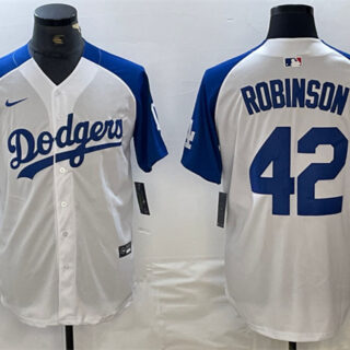 Men's Los Angeles Dodgers #42 Jackie Robinson White Blue Vin Patch Cool Base Stitched Baseball Jersey