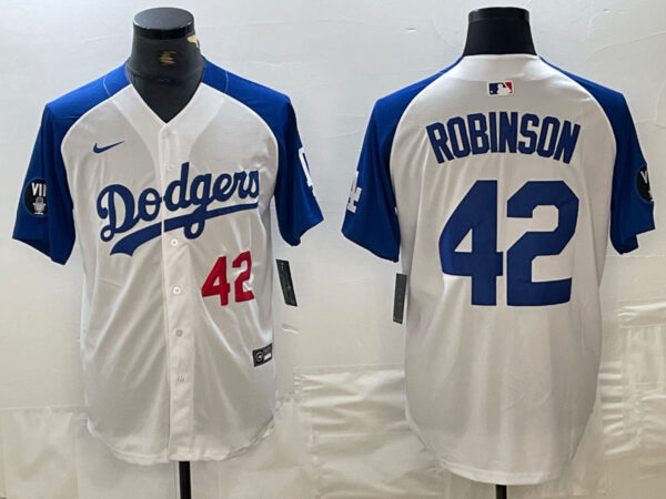 Men's Los Angeles Dodgers #42 Jackie Robinson White Blue Vin Patch Cool Base Stitched Baseball Jersey