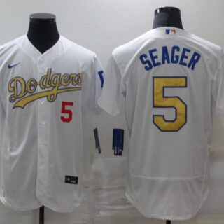 Men's Los Angeles Dodgers #5 Corey Seager 2020 White Gold Sttiched Nike MLB Jersey