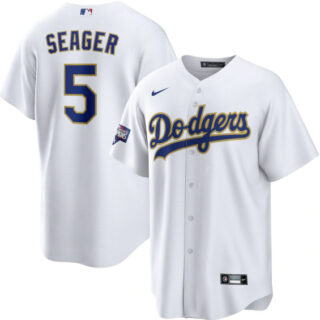 Men's Los Angeles Dodgers #5 Corey Seager Nike White Gold 2021 Gold Program Player Jersey