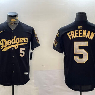 Men's Los Angeles Dodgers #5 Freddie Freeman Black Gold 2024 World Series Champions With Fernando Memorial Patch Limited Stitched Baseball Jersey