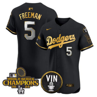 Men's Los Angeles Dodgers #5 Freddie Freeman Black Gold 2024 World Series Champions With Vin Patch Vapor Limited Stitched Baseball Jersey