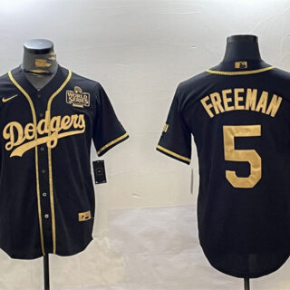Men's Los Angeles Dodgers #5 Freddie Freeman Black Gold 2024 World Series Patch And Champions Patch Cool Base Stitched Baseball Jersey
