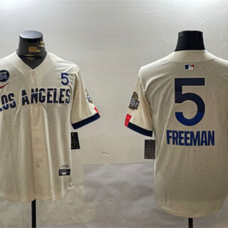 Men's Los Angeles Dodgers #5 Freddie Freeman Cream 2024 World Series With Fernando Memorial Patch City Connect Limited Stitched Baseball Jersey