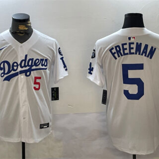 Men's Los Angeles Dodgers #5 Freddie Freeman White 2024 World Series Champions With Fernando Memorial Patch Home Limited Stitched Baseball Jersey