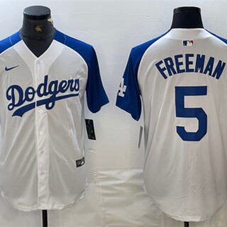 Men's Los Angeles Dodgers #5 Freddie Freeman White Blue Vin Patch Cool Base Stitched Baseball Jersey