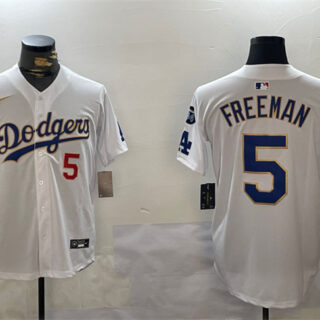 Men's Los Angeles Dodgers #5 Freddie Freeman White Gold 2024 World Series Champions With Fernando Memorial Patch Home Limited Stitched Baseball Jersey