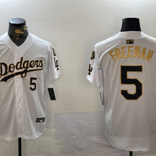 Men's Los Angeles Dodgers #5 Freddie Freeman White Gold 2024 World Series Champions With Fernando Memorial Patch Limited Stitched Baseball Jersey