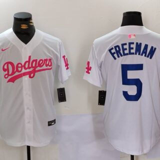 Men's Los Angeles Dodgers #5 Freddie Freeman White Pink Vin & Kobe Patch Stitched Baseball Jersey