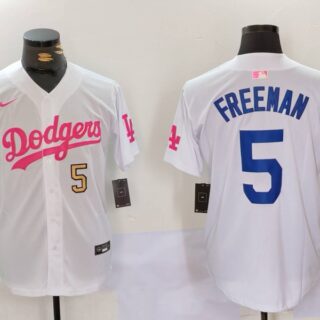 Men's Los Angeles Dodgers #5 Freddie Freeman White Pink Vin & Kobe Patch Stitched Baseball Jerseys