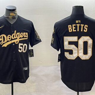 Men's Los Angeles Dodgers #50 Mookie Betts Black Gold 2024 World Series With Fernando Memorial Patch Limited Stitched Baseball Jersey