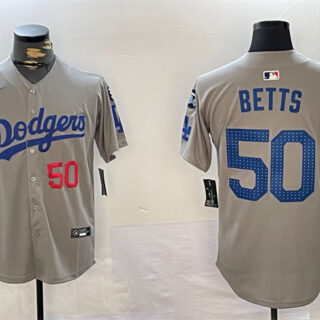 Men's Los Angeles Dodgers #50 Mookie Betts Grey 2024 World Series Champions With Fernando Memorial Patch Limited Stitched Baseball Jersey