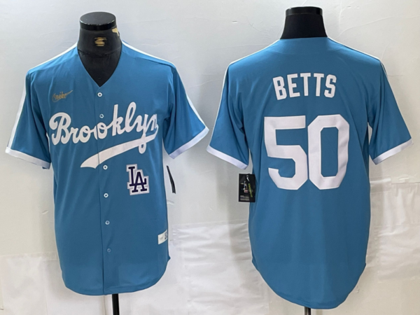 Men's Los Angeles Dodgers #50 Mookie Betts Light Blue Throwback Cool Base Stitched Baseball Jerseys