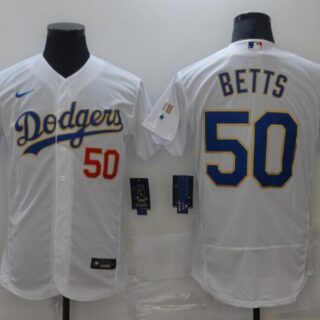 Men's Los Angeles Dodgers #50 Mookie Betts Nike White Gold 2021 Gold Program Flexbase Jersey