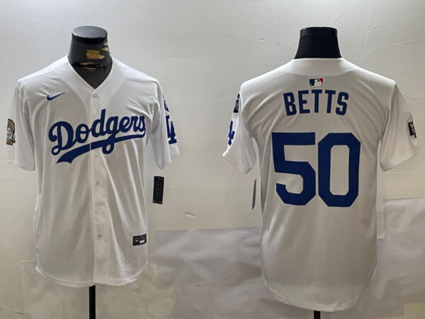 Men's Los Angeles Dodgers #50 Mookie Betts White 2024 World Series With Fernando Memorial Patch Home Limited Stitched Baseball Jerseys