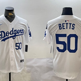 Men's Los Angeles Dodgers #50 Mookie Betts White 2024 World Series With Fernando Memorial Patch Home Limited Stitched Baseball Jerseys