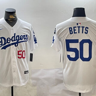 Men's Los Angeles Dodgers #50 Mookie Betts White 2024 World Series With Fernando Memorial Patch Home Limited Stitched Baseball Jerseys