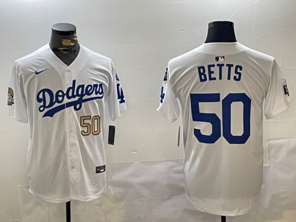 Men's Los Angeles Dodgers #50 Mookie Betts White 2024 World Series With Fernando Memorial Patch Home Limited Stitched Baseball Jerseys